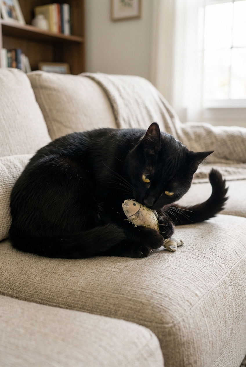 A black cat sniffing a catnip-filled toy on a couch