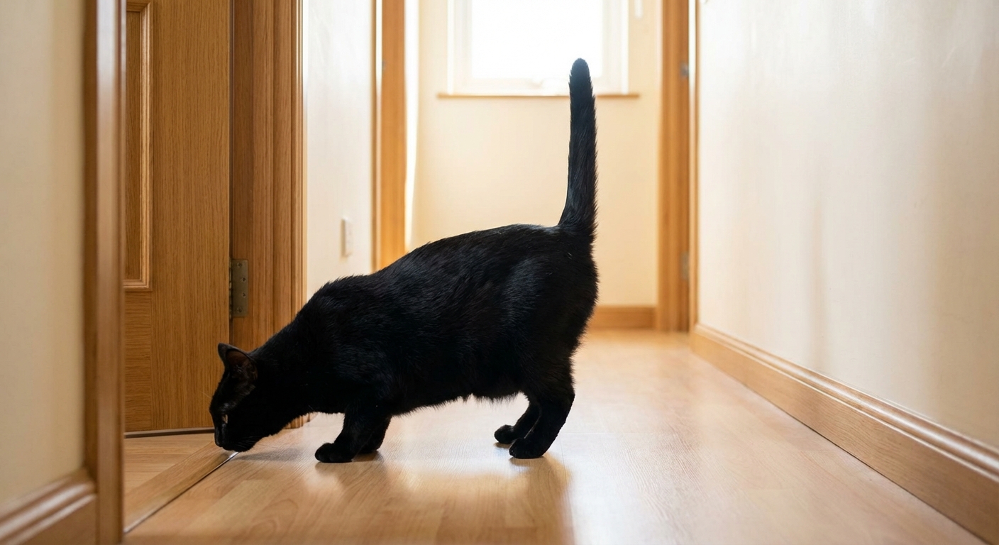 A black cat sniffing the edge of a doorway with its tail held upright inside a home hallway