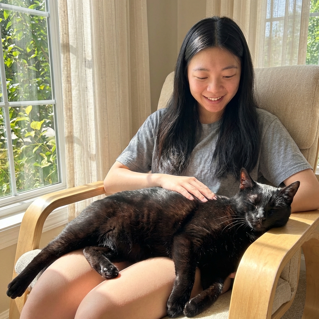 A black cat stretched out on a person’s lap near a sunny window