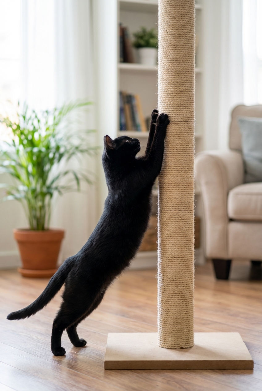 A black cat stretching fully while scratching a tall, stable sisal post
