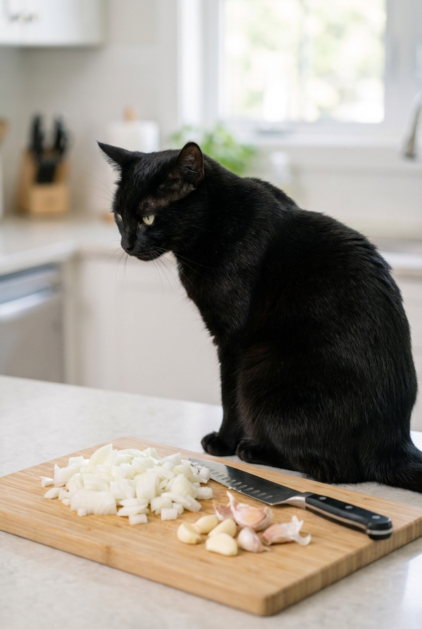 A black cat turning away from a cutting board with chopped onions and garlic cloves
