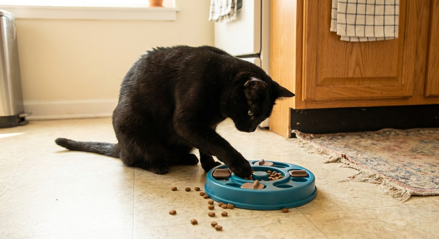 A black cat using its paw to get kibble from a simple puzzle feeder on an apartment kitchen floor