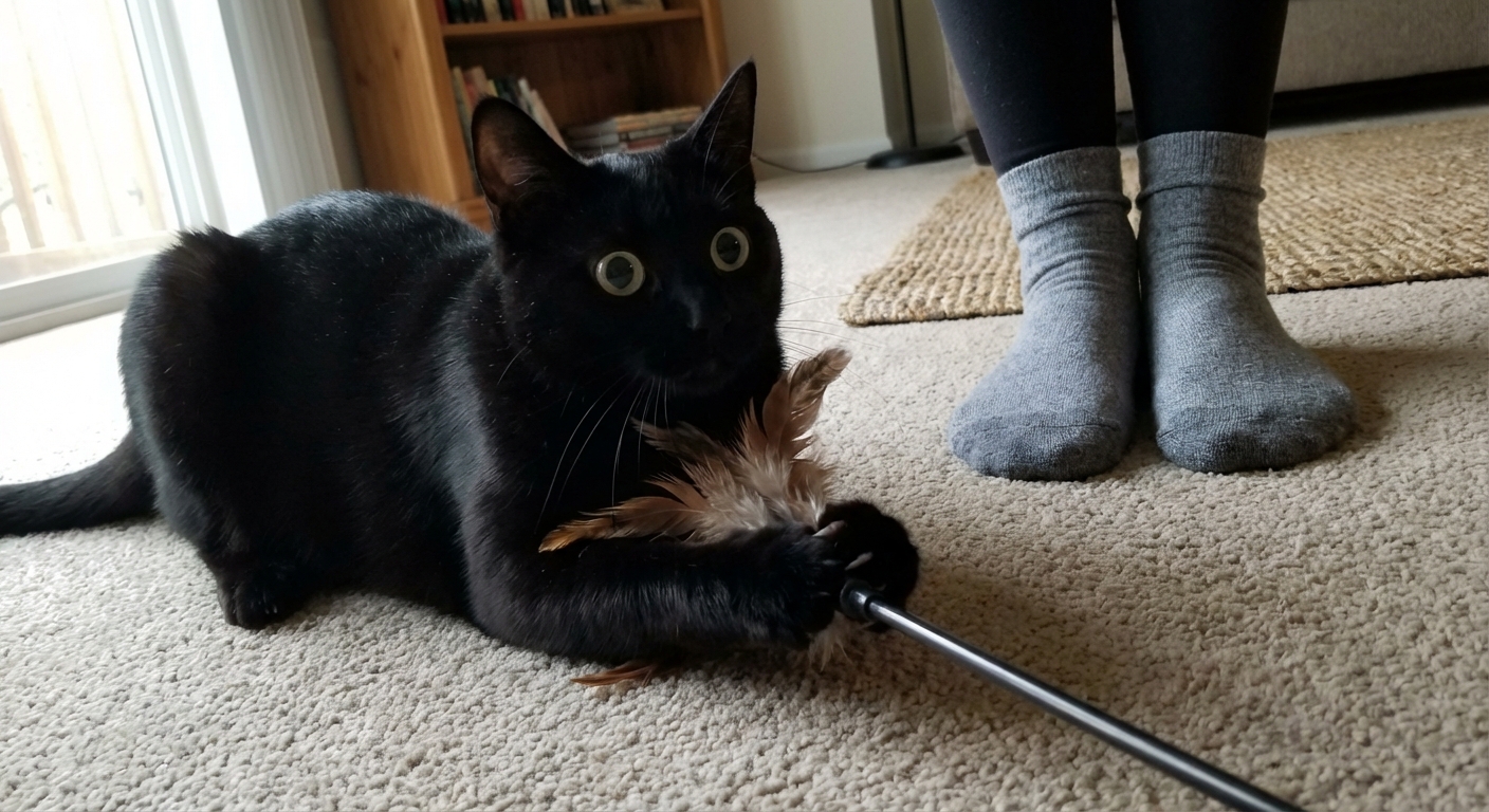 A black cat with wide pupils holding a feather wand toy while a person keeps their feet still