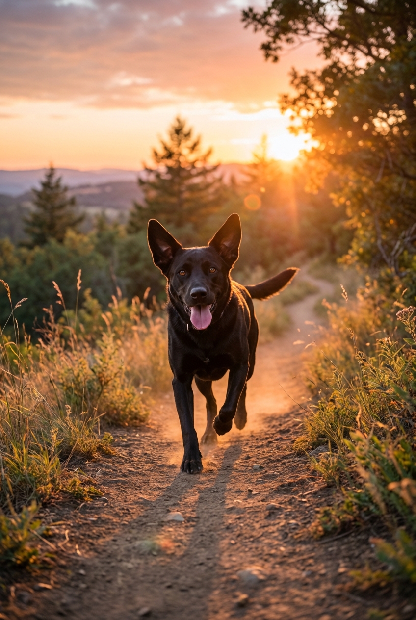 A black dog running on a trail at sunset with ears perked up