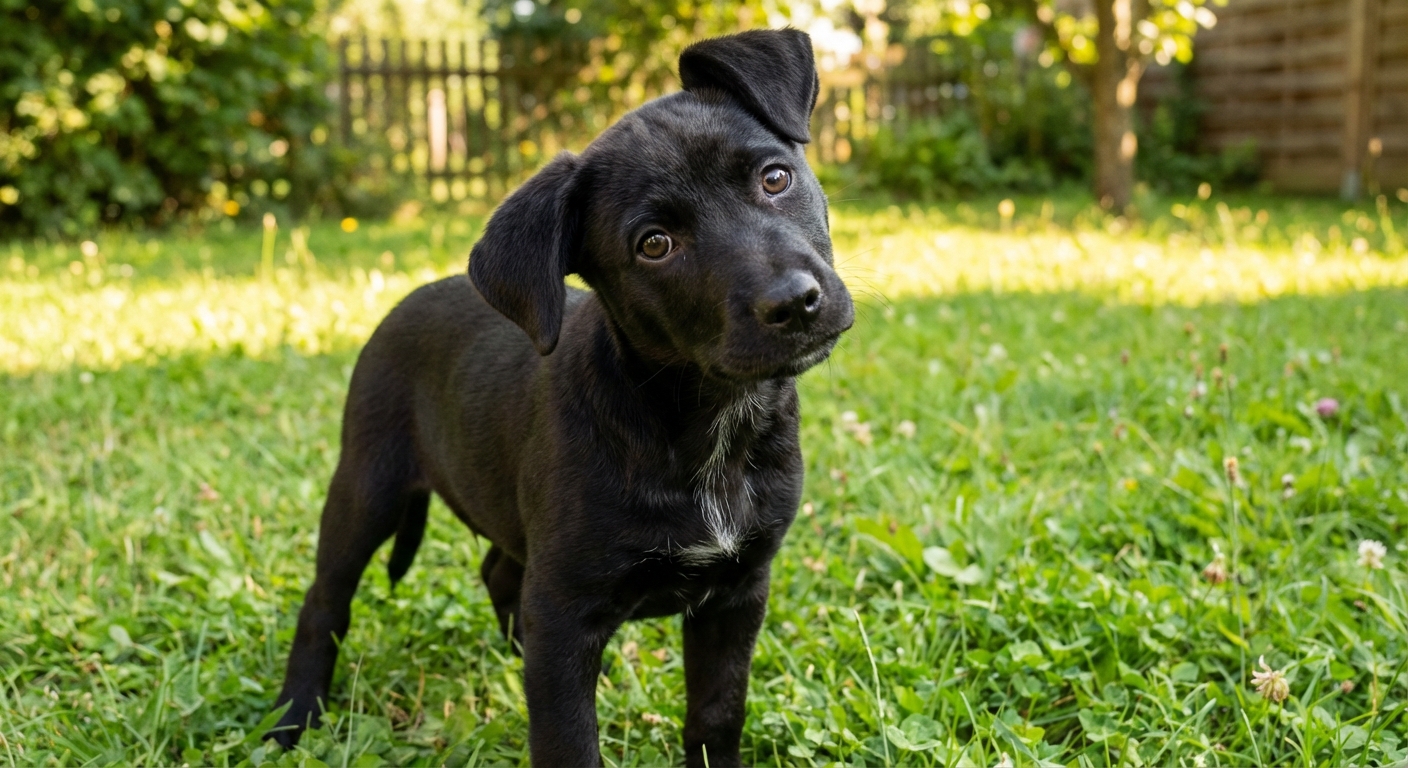 A black mixed-breed puppy standing on grass with a curious expression