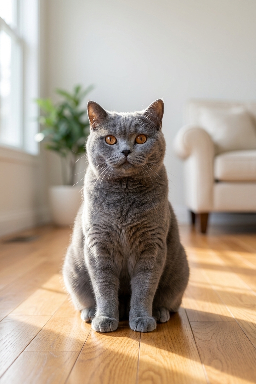 A blue British Shorthair cat sitting calmly on a hardwood floor in a bright home interior, realistic photography style