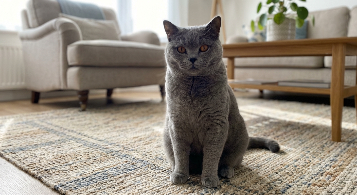 A blue British Shorthair sitting calmly on a living room rug