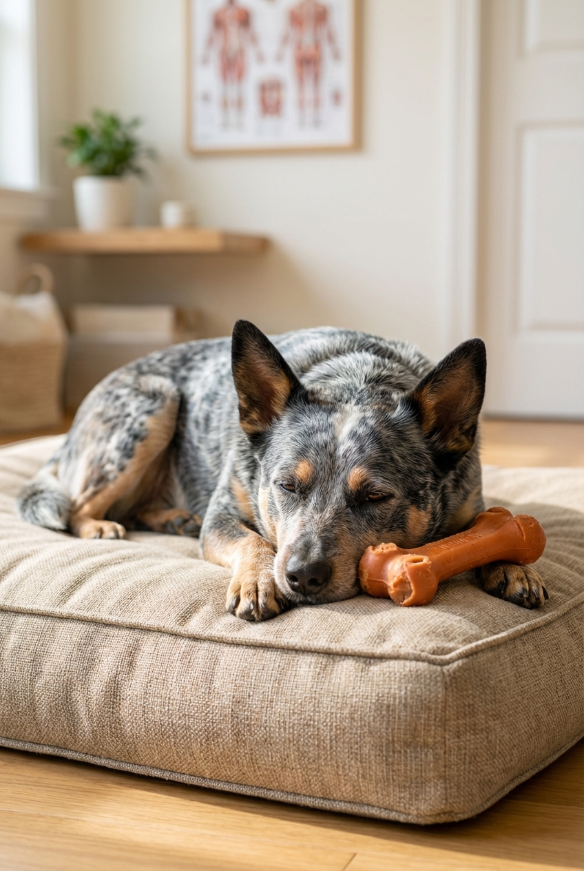 A blue heeler relaxing on a dog bed indoors with a chew toy