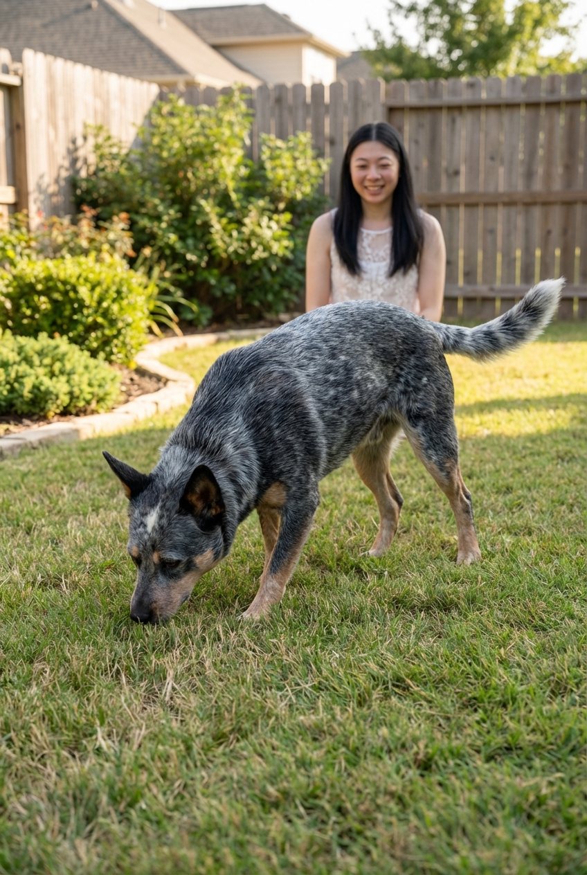 A blue heeler sniffing the ground while searching for treats in a backyard