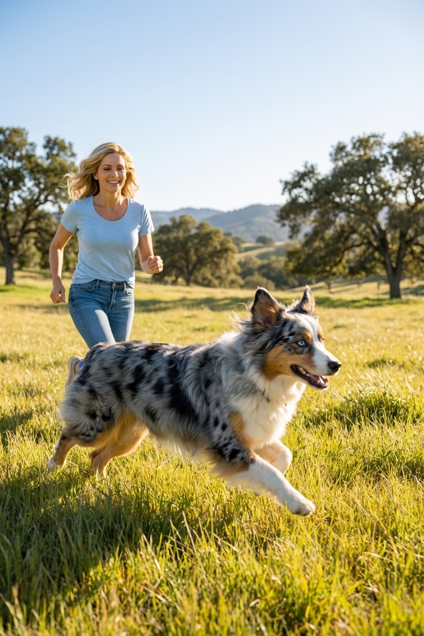 A blue merle Australian Shepherd running across a grassy field on a sunny day