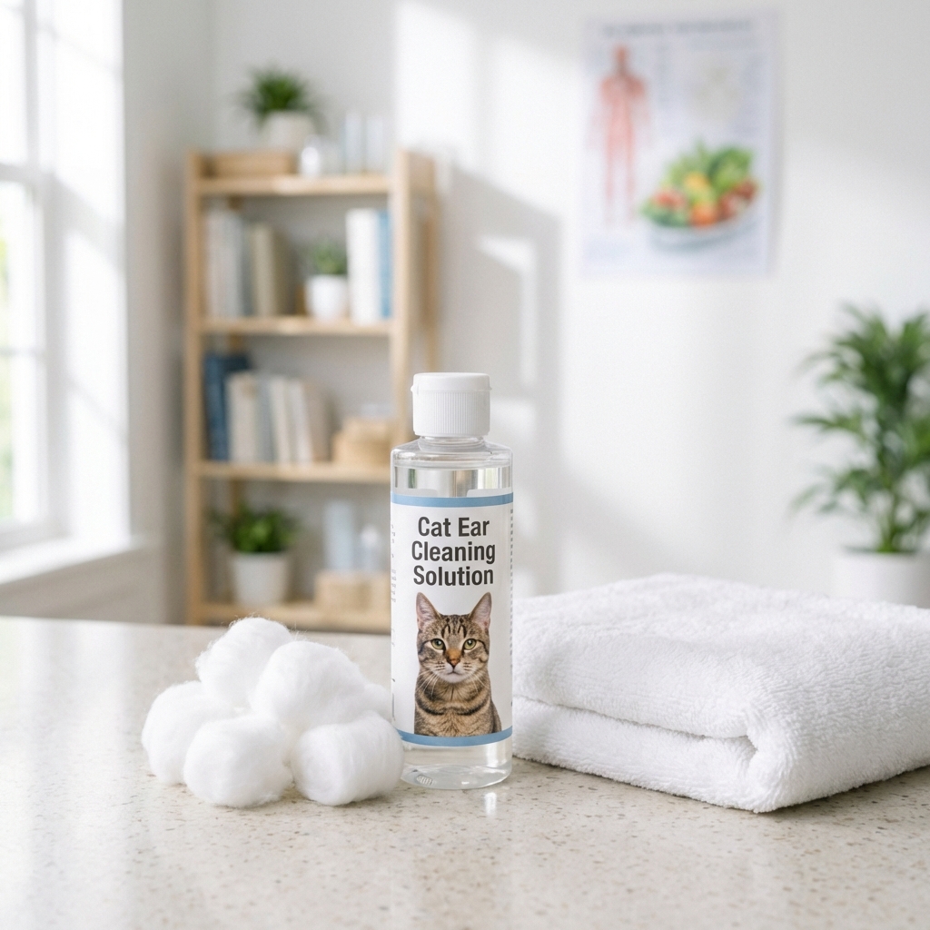 A bottle of cat ear cleaning solution next to cotton balls and a folded towel on a countertop