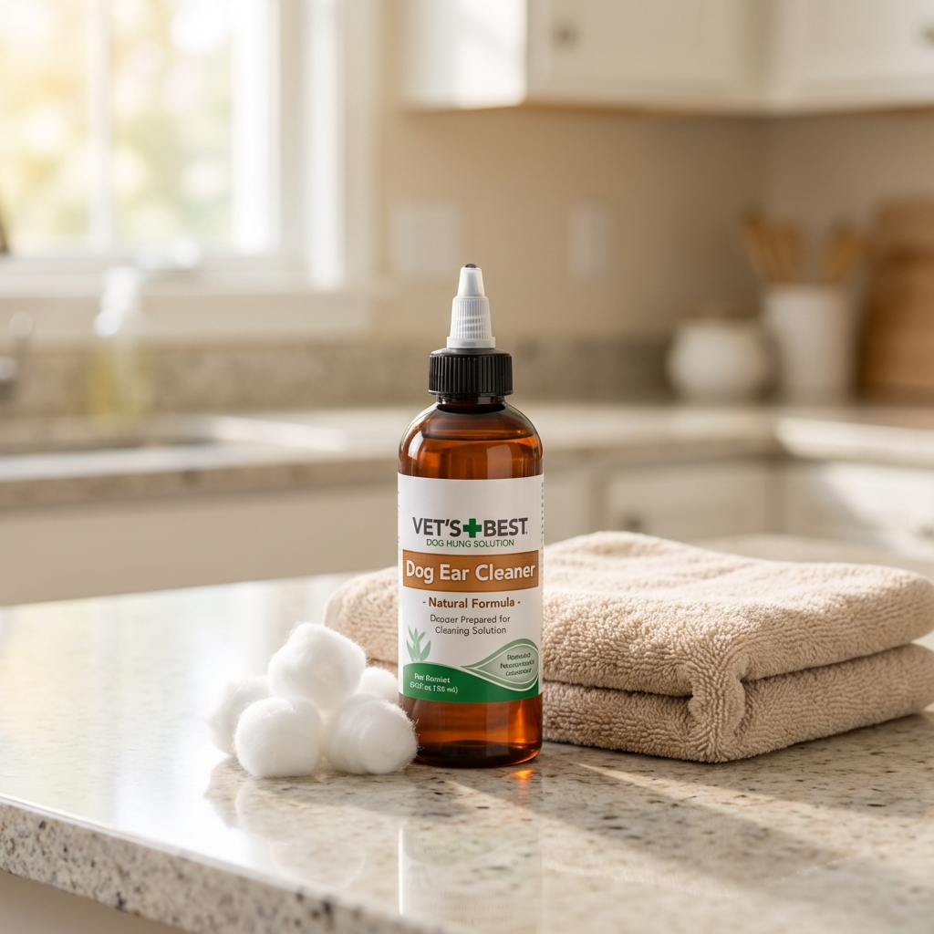 A bottle of dog ear cleaning solution next to cotton balls and a towel on a countertop