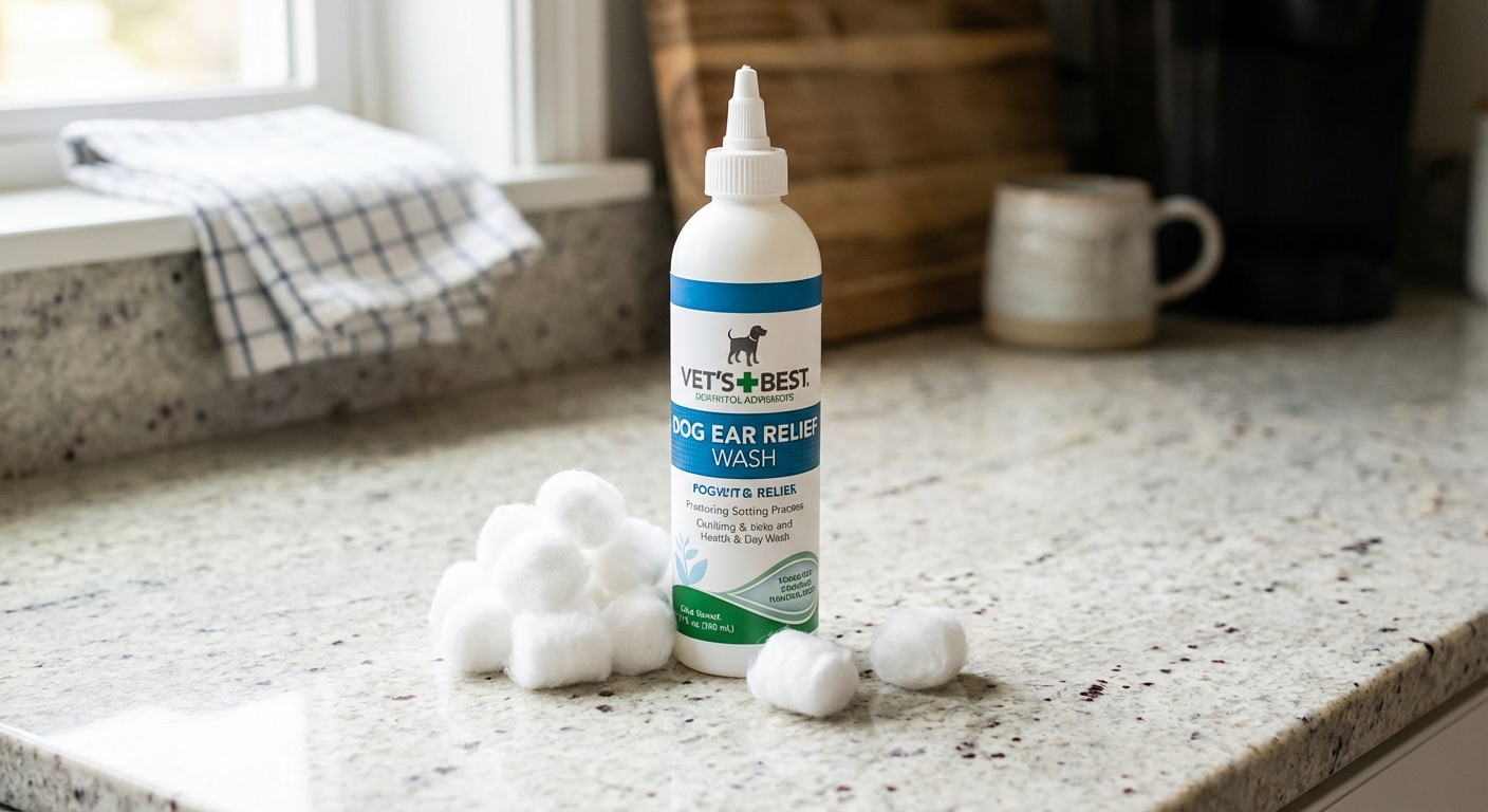 A bottle of dog ear cleaning solution next to cotton balls on a kitchen counter