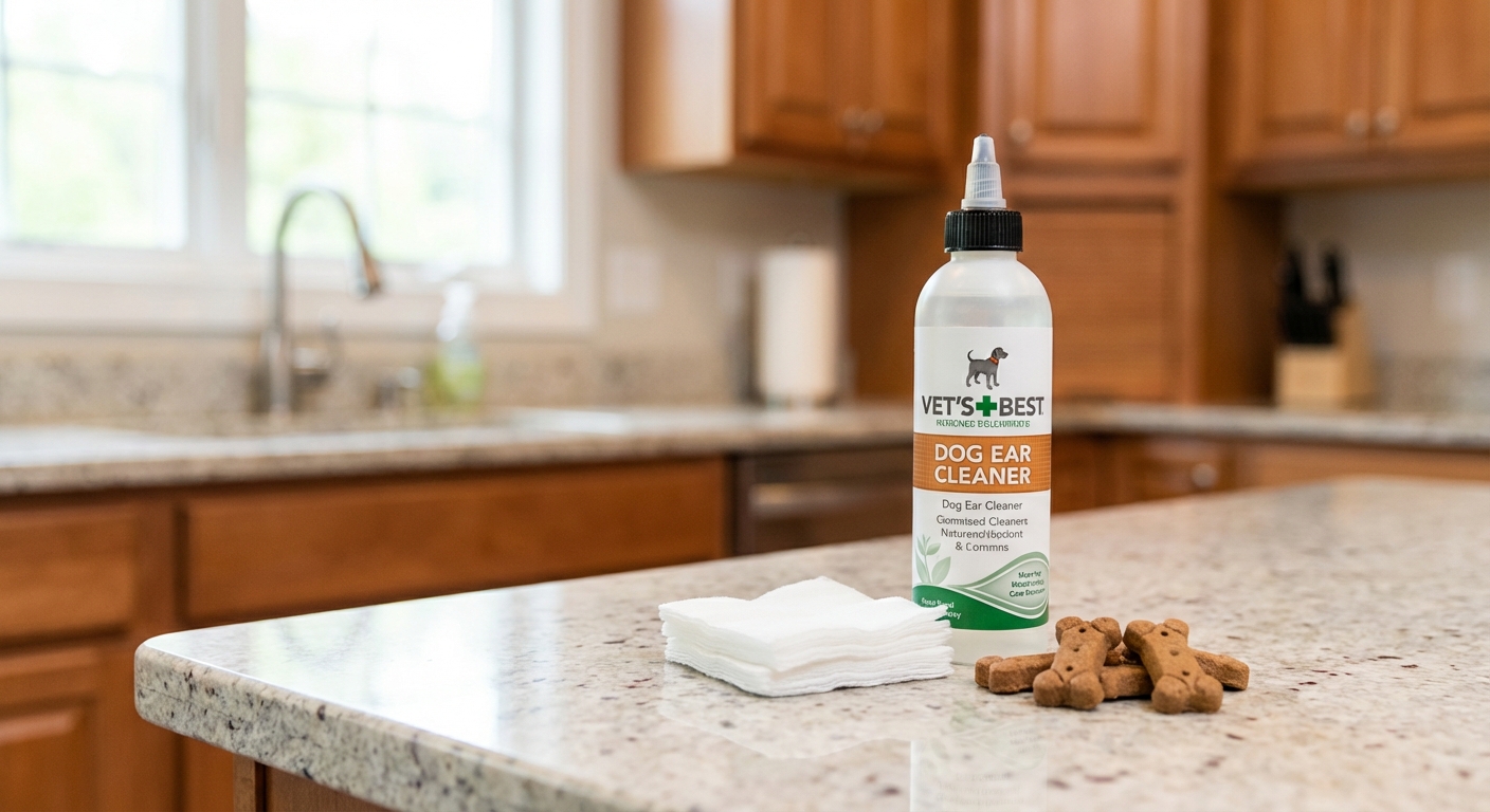 A bottle of dog ear cleaning solution next to gauze squares and treats on a kitchen counter
