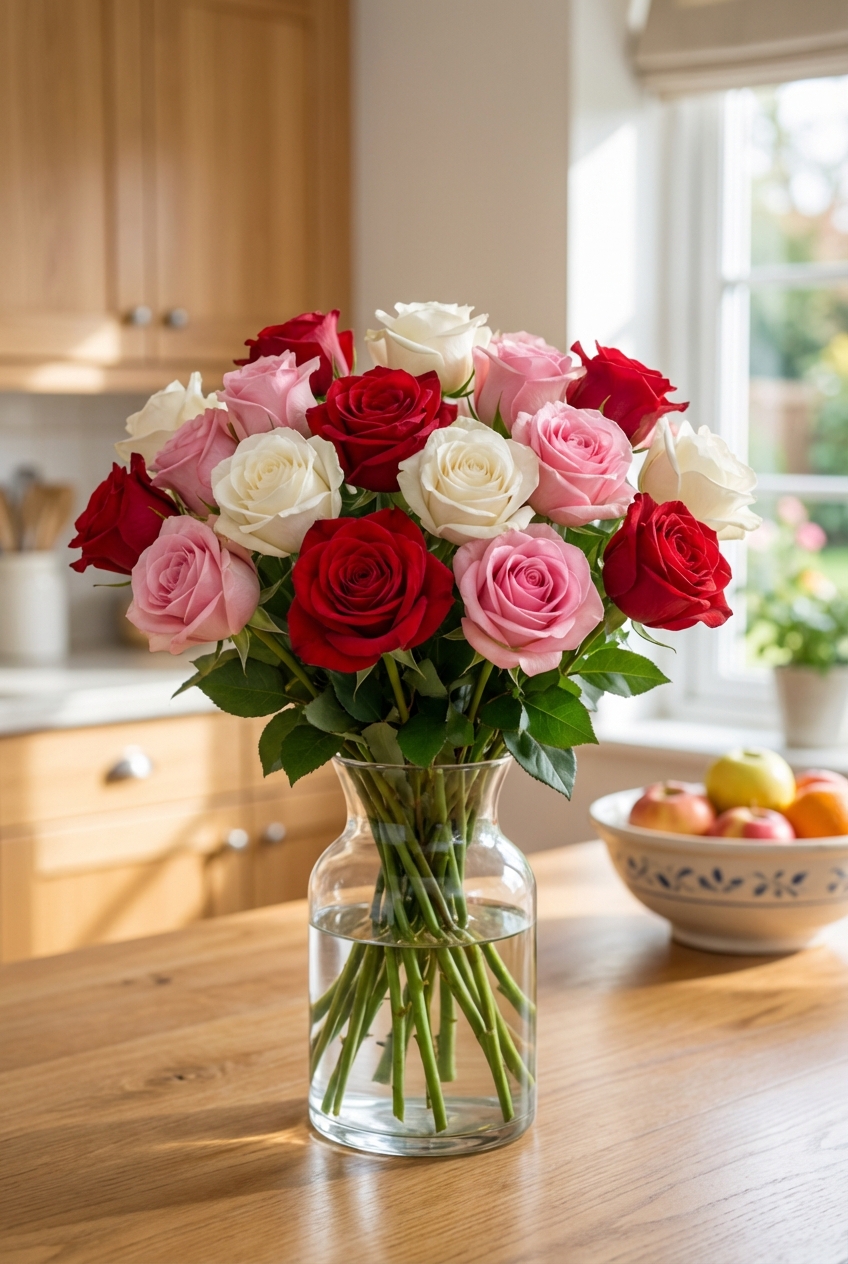 A bouquet of roses in a glass vase on a kitchen table in natural light