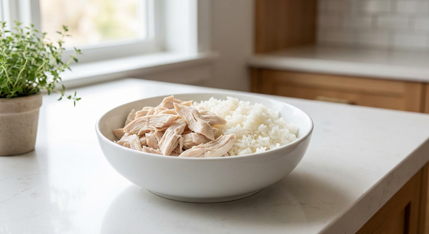 A bowl containing plain boiled chicken and white rice on a kitchen counter