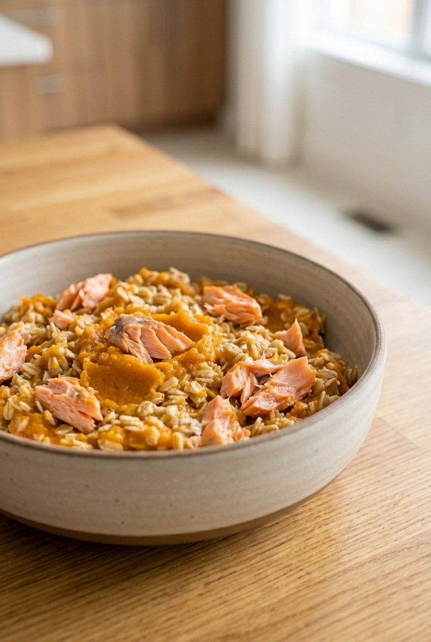 A bowl of flaked cooked salmon mixed with plain pumpkin puree and cooked oats on a light kitchen table