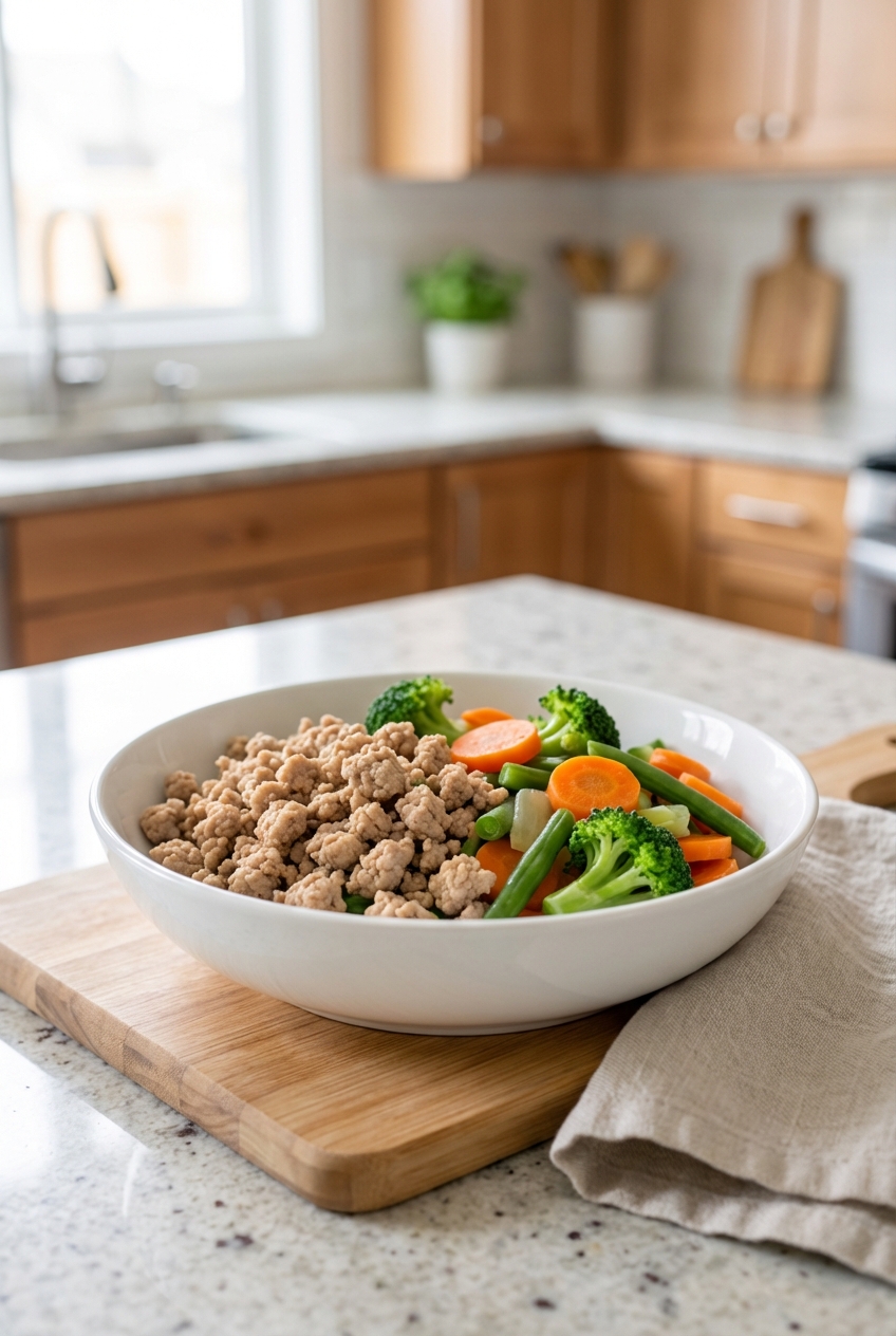 A bowl of fresh cooked ground turkey with a few pieces of lightly steamed vegetables on a kitchen counter