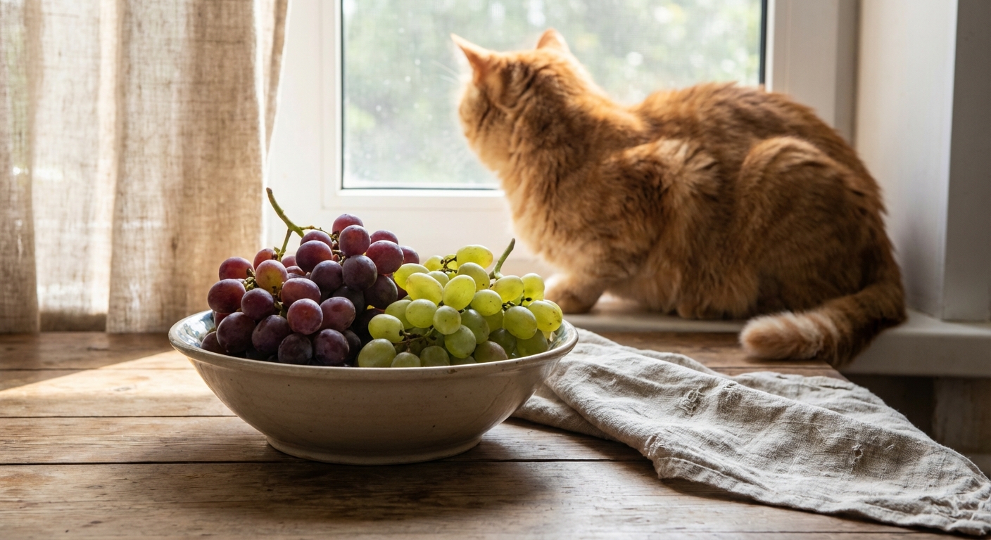 A bowl of grapes on a wooden kitchen table with a cat sitting in the background looking away