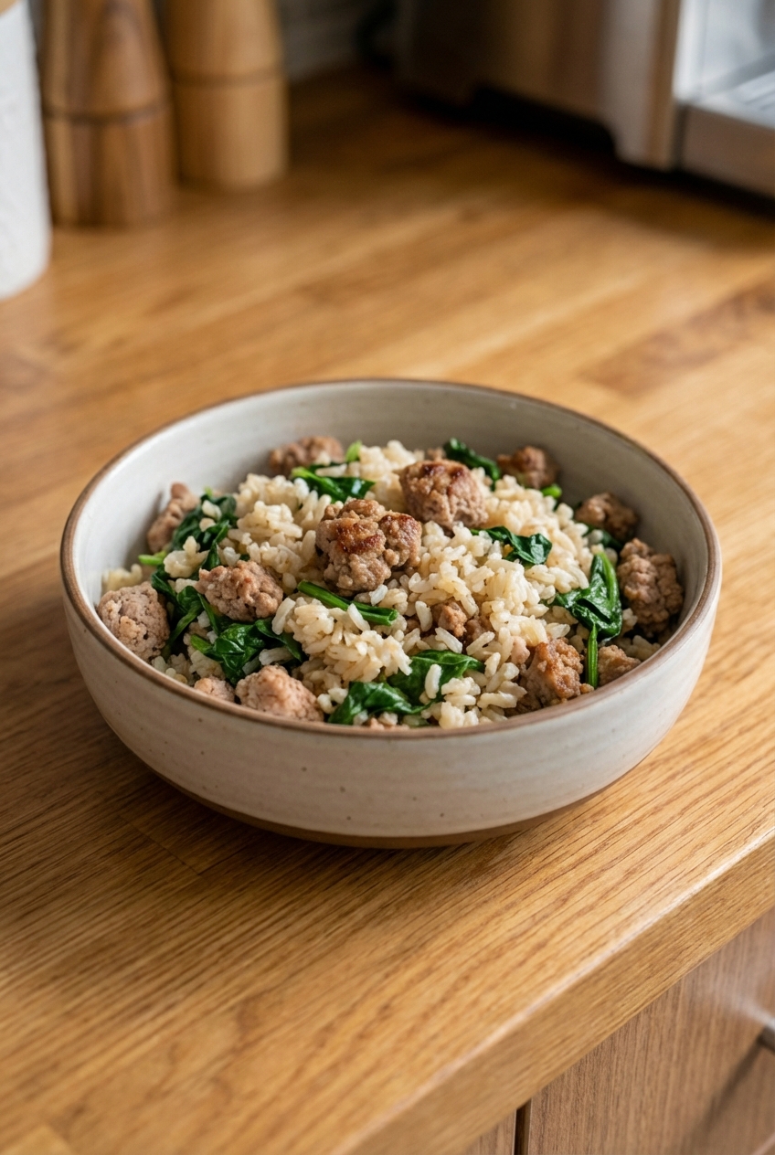 A bowl of homemade dog food with cooked ground turkey, cooked brown rice, and chopped spinach on a wooden countertop