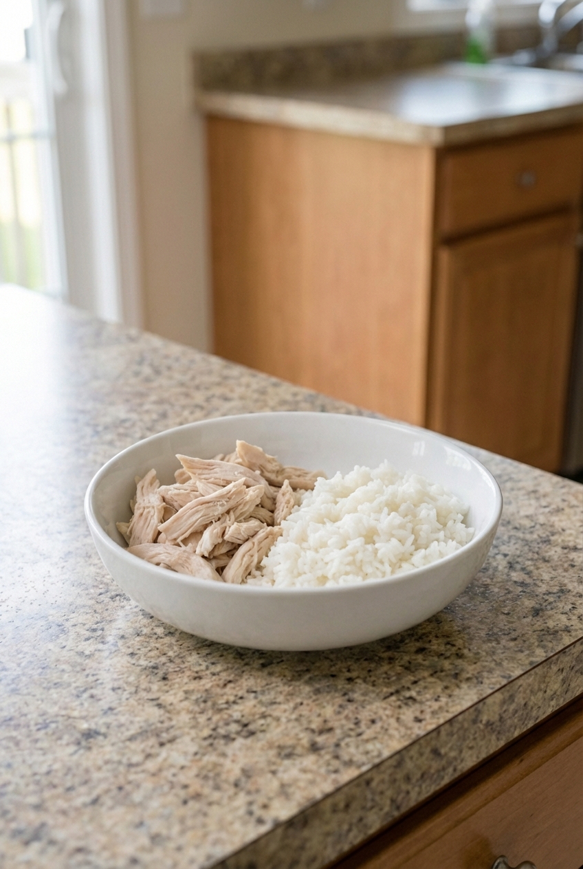 A bowl of plain boiled chicken and white rice on a kitchen counter