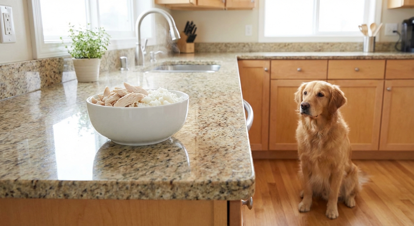 A bowl of plain boiled chicken and white rice on a kitchen counter with a dog waiting nearby