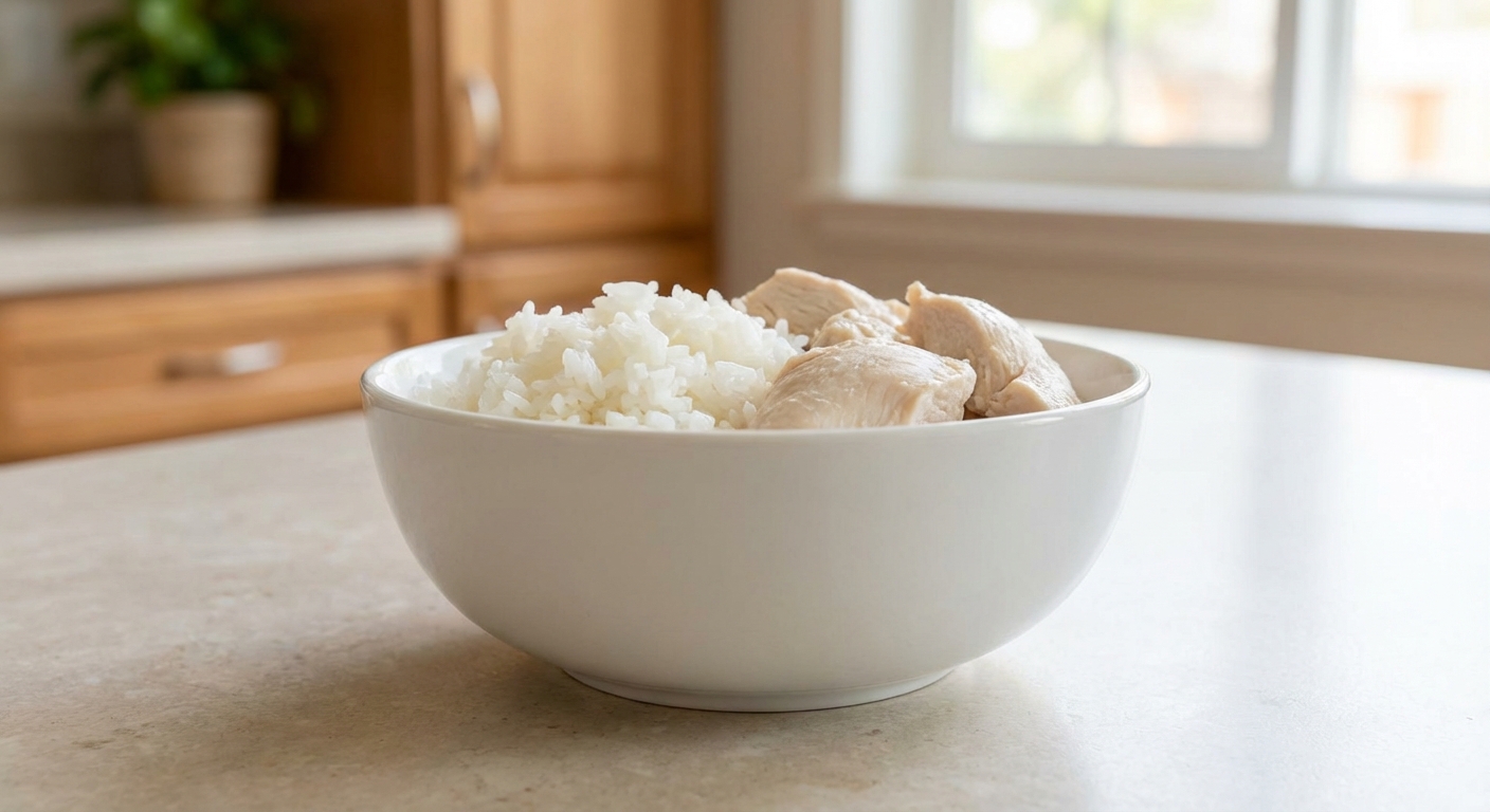 A bowl of plain boiled chicken and white rice on a kitchen counter