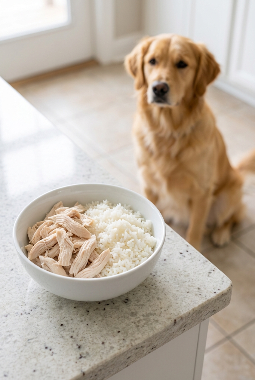 A bowl of plain boiled chicken and white rice on a countertop with a dog waiting calmly in the background