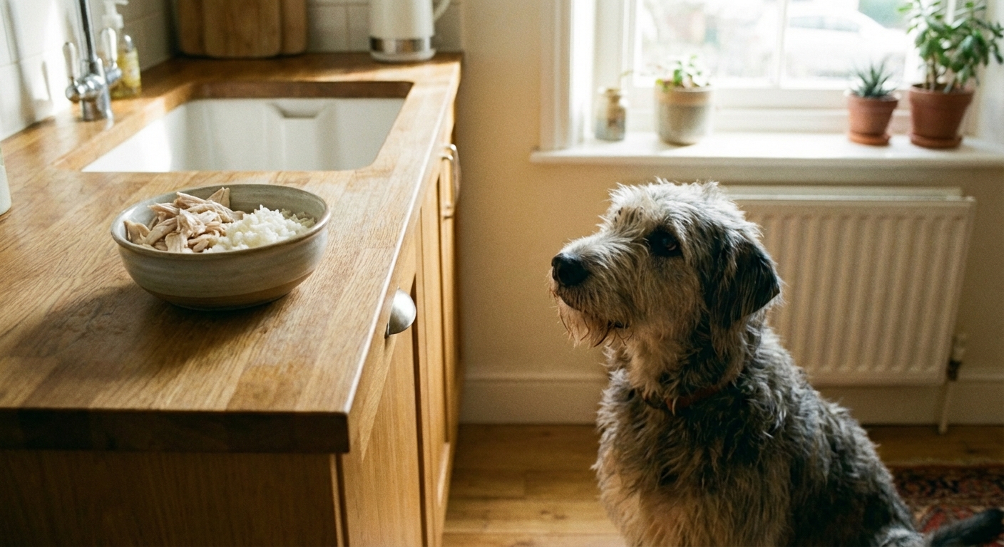 A bowl of plain boiled chicken and white rice on a kitchen counter with a dog sitting patiently nearby