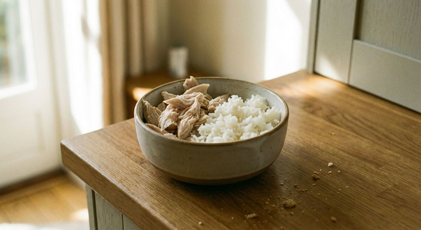 A bowl of plain boiled chicken and white rice on a kitchen counter