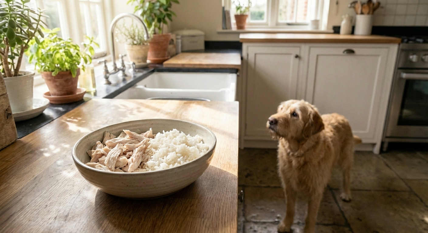 A bowl of plain boiled chicken and white rice on a kitchen counter