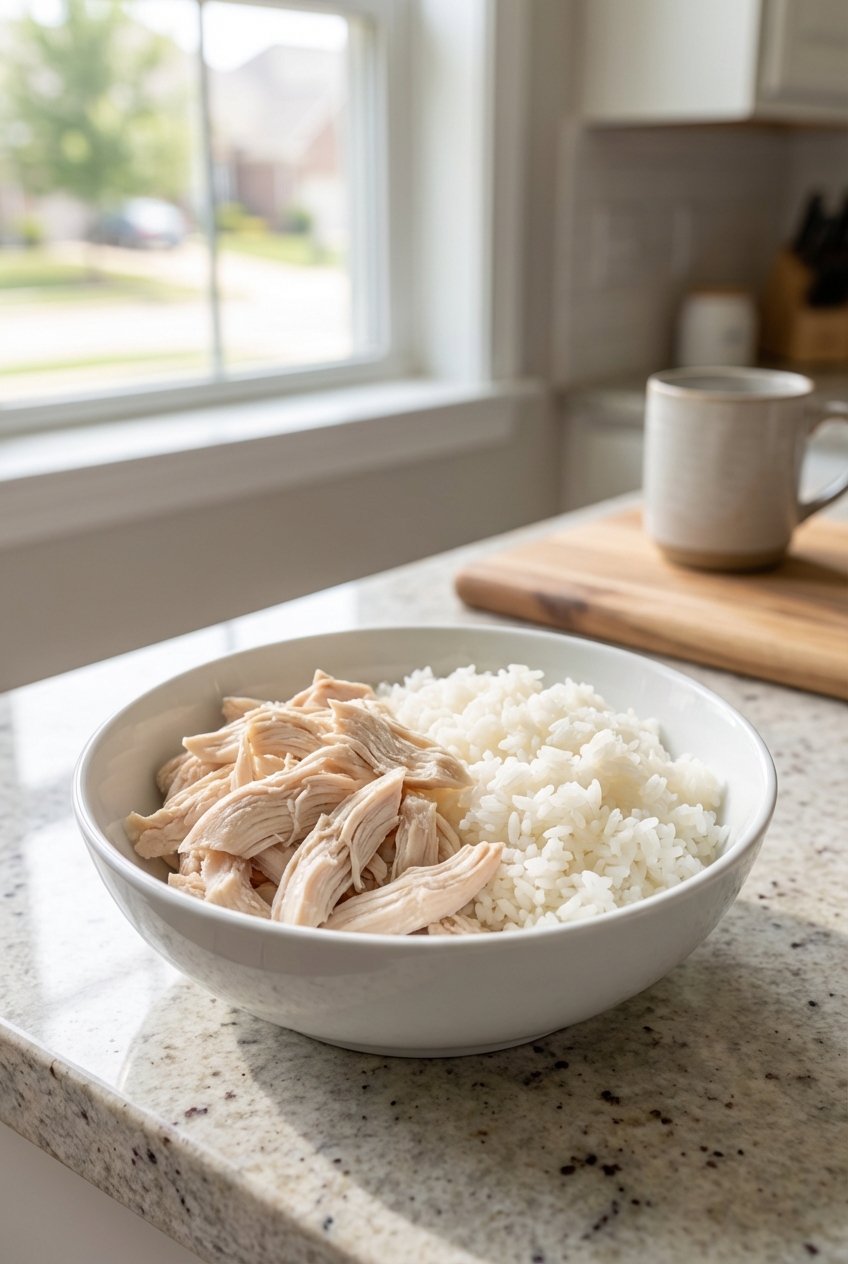 A bowl of plain boiled chicken and white rice on a kitchen counter in natural light