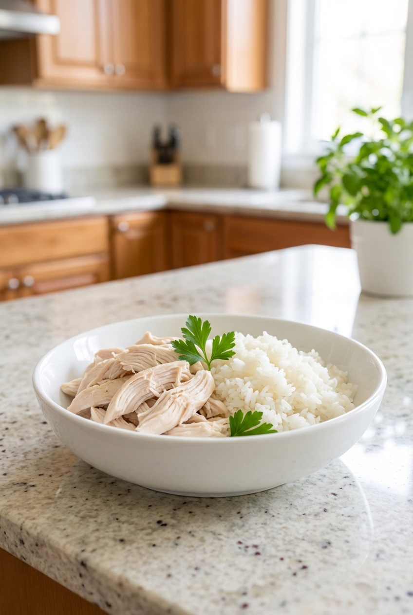 A bowl of plain boiled chicken and white rice on a kitchen counter