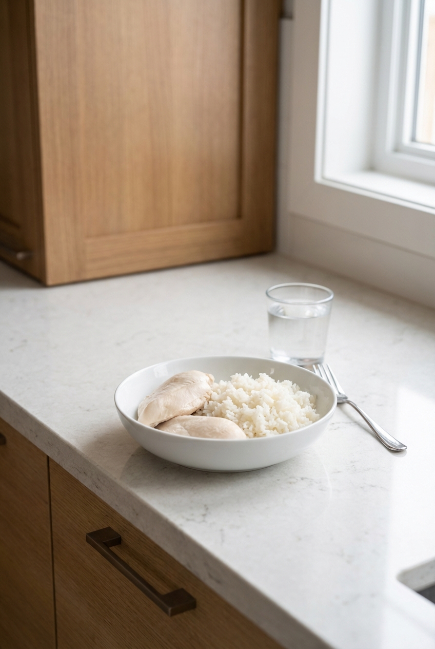 A bowl of plain boiled chicken and white rice on a kitchen counter