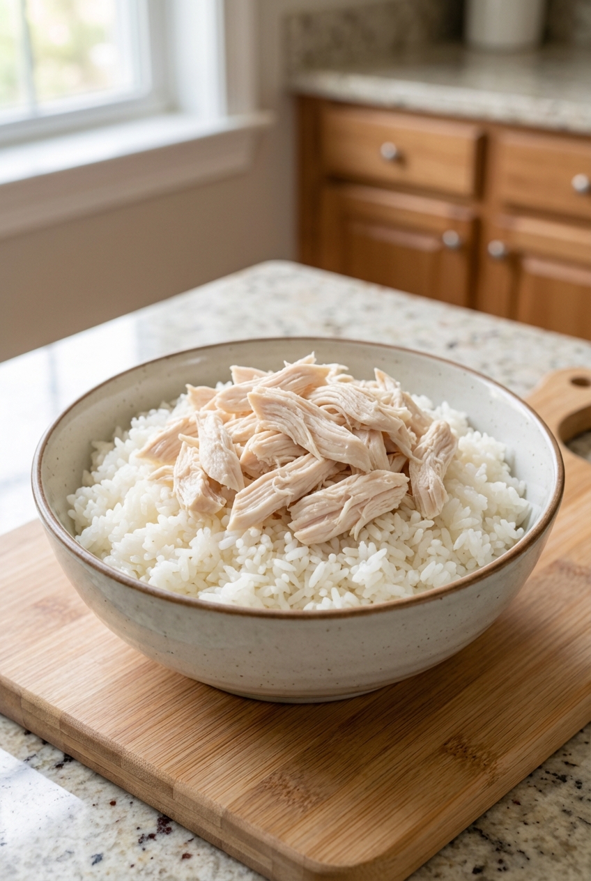 A bowl of plain cooked white rice and shredded boiled chicken on a kitchen counter