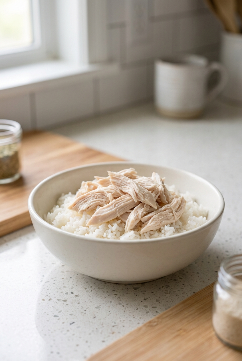 A bowl of plain shredded boiled chicken and white rice on a kitchen counter