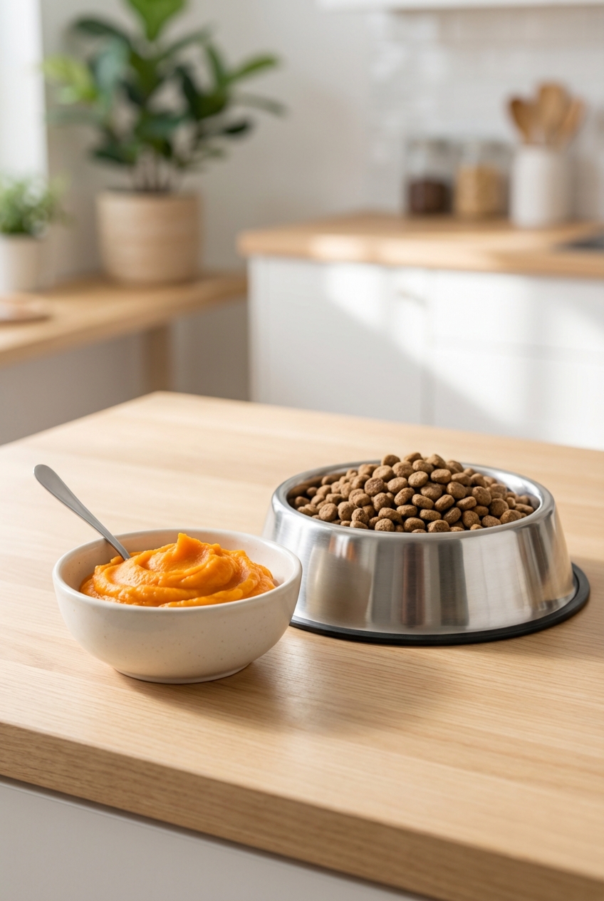A bowl with a small serving of mashed cooked sweet potato next to a dog food bowl