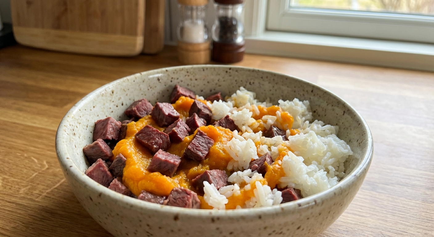 A bowl with diced cooked beef heart mixed with pumpkin puree and cooked rice on a kitchen counter