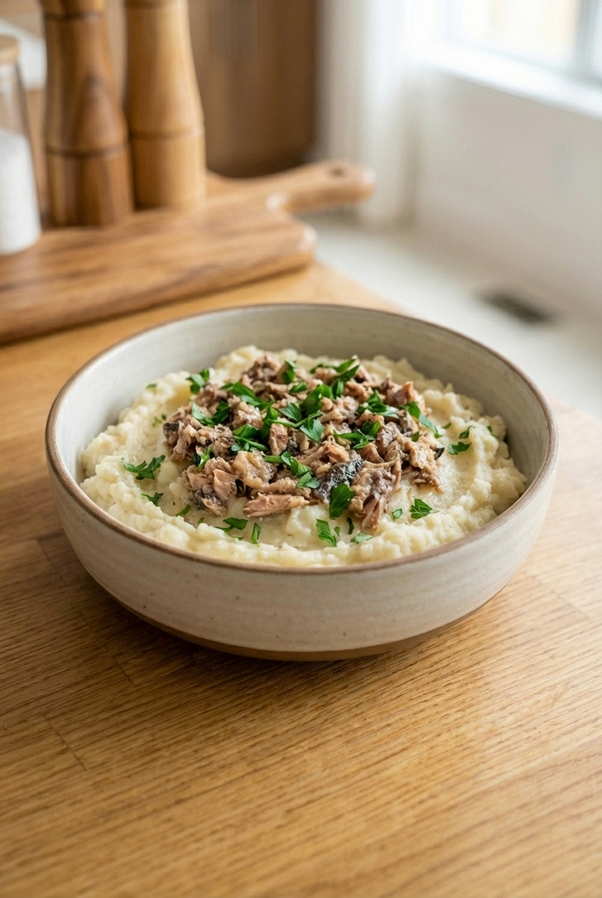 A bowl with mashed steamed cauliflower topped with mashed sardines and chopped parsley