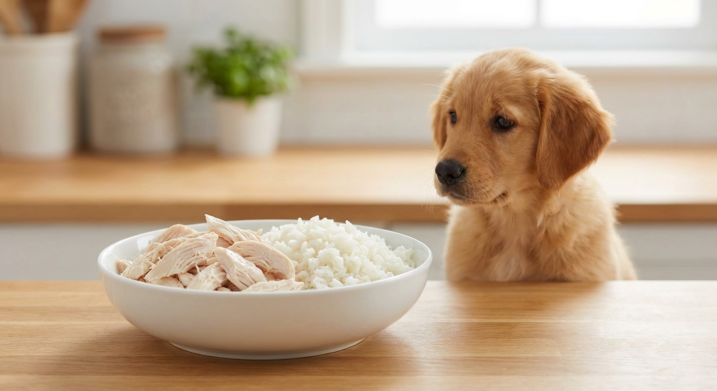 A bowl with plain boiled chicken and white rice on a countertop with a puppy watching nearby