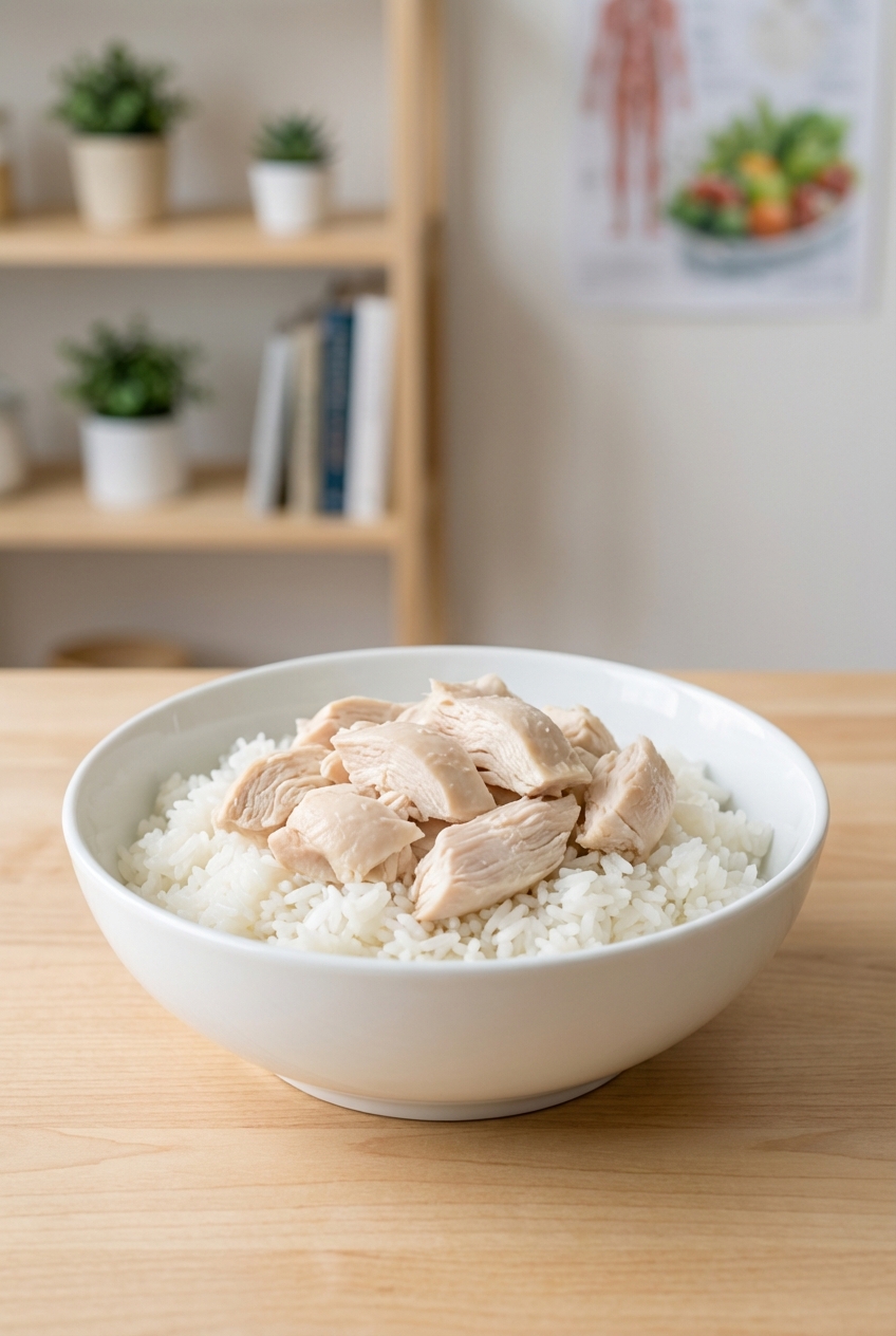 A bowl with plain boiled chicken and white rice on a kitchen counter