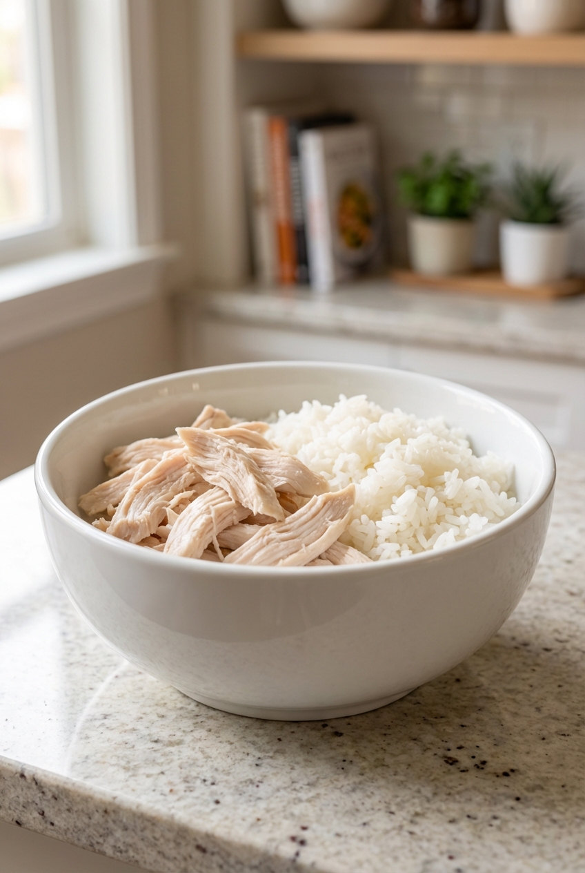 A bowl with plain boiled chicken and white rice on a countertop under soft indoor light