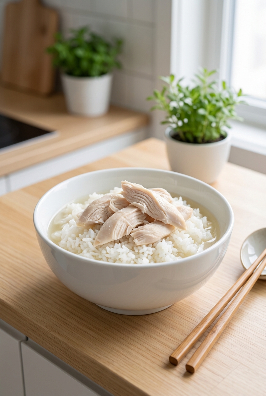 A bowl with plain boiled chicken and white rice on a kitchen counter