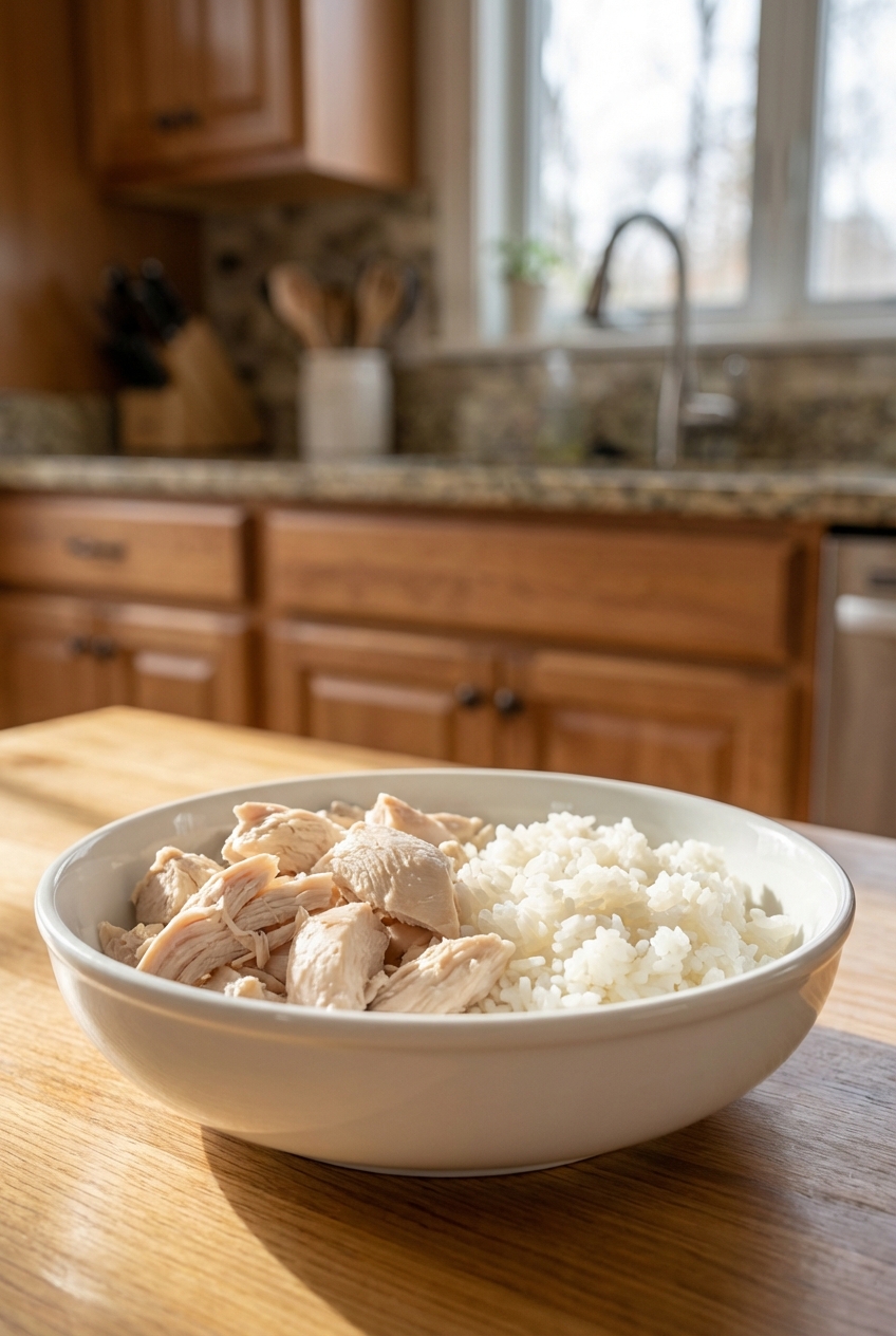 A bowl with plain boiled chicken and white rice on a kitchen counter