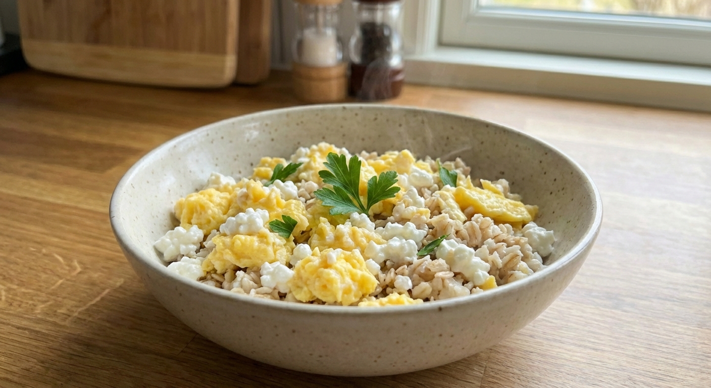 A bowl with scrambled eggs, low-fat cottage cheese, and cooked oats cooling on a countertop