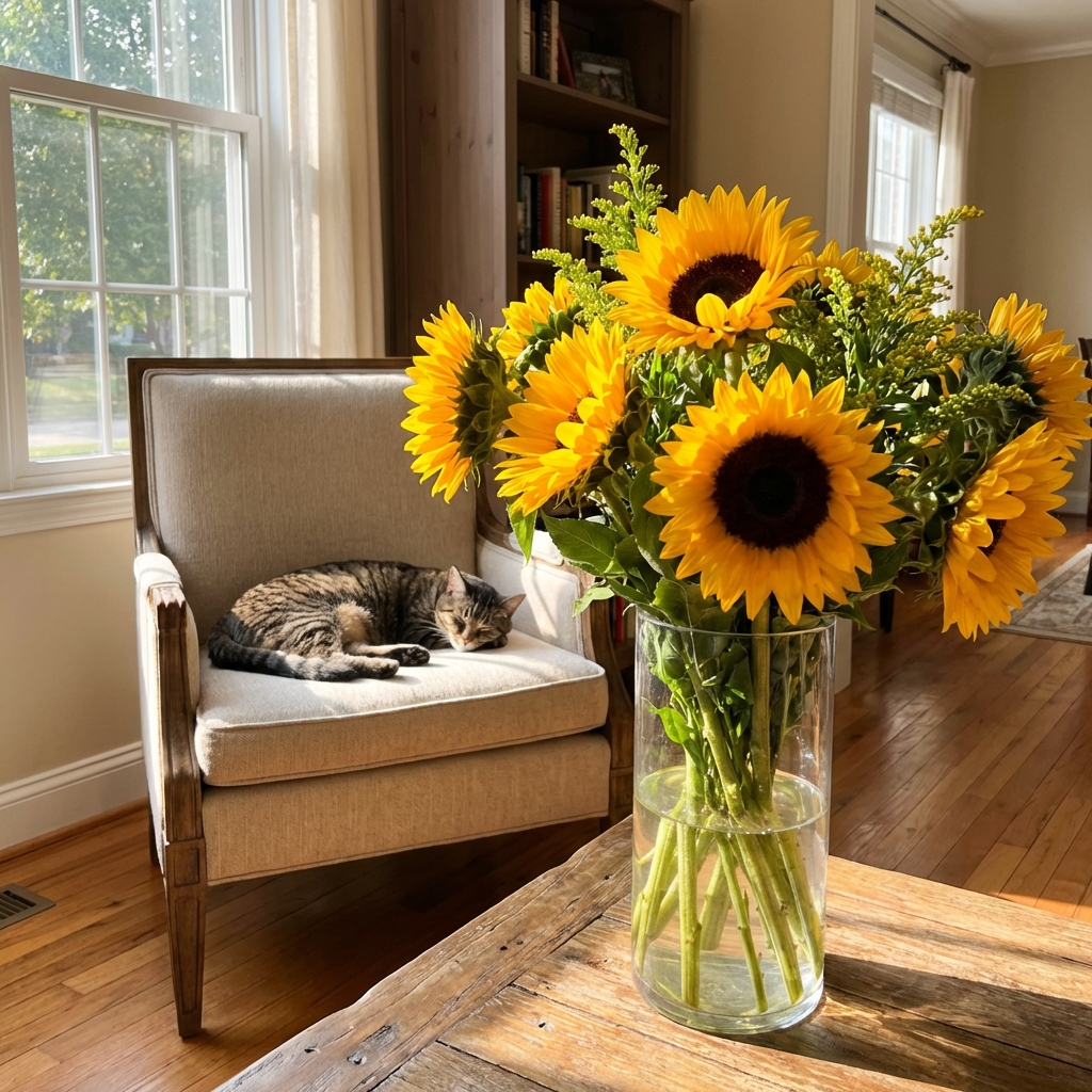A bright arrangement of sunflowers in a vase on a table while a cat naps on a nearby chair