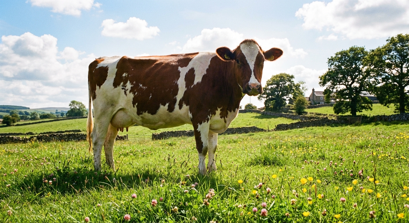 A brown and white dairy cow standing in a green pasture on a bright day