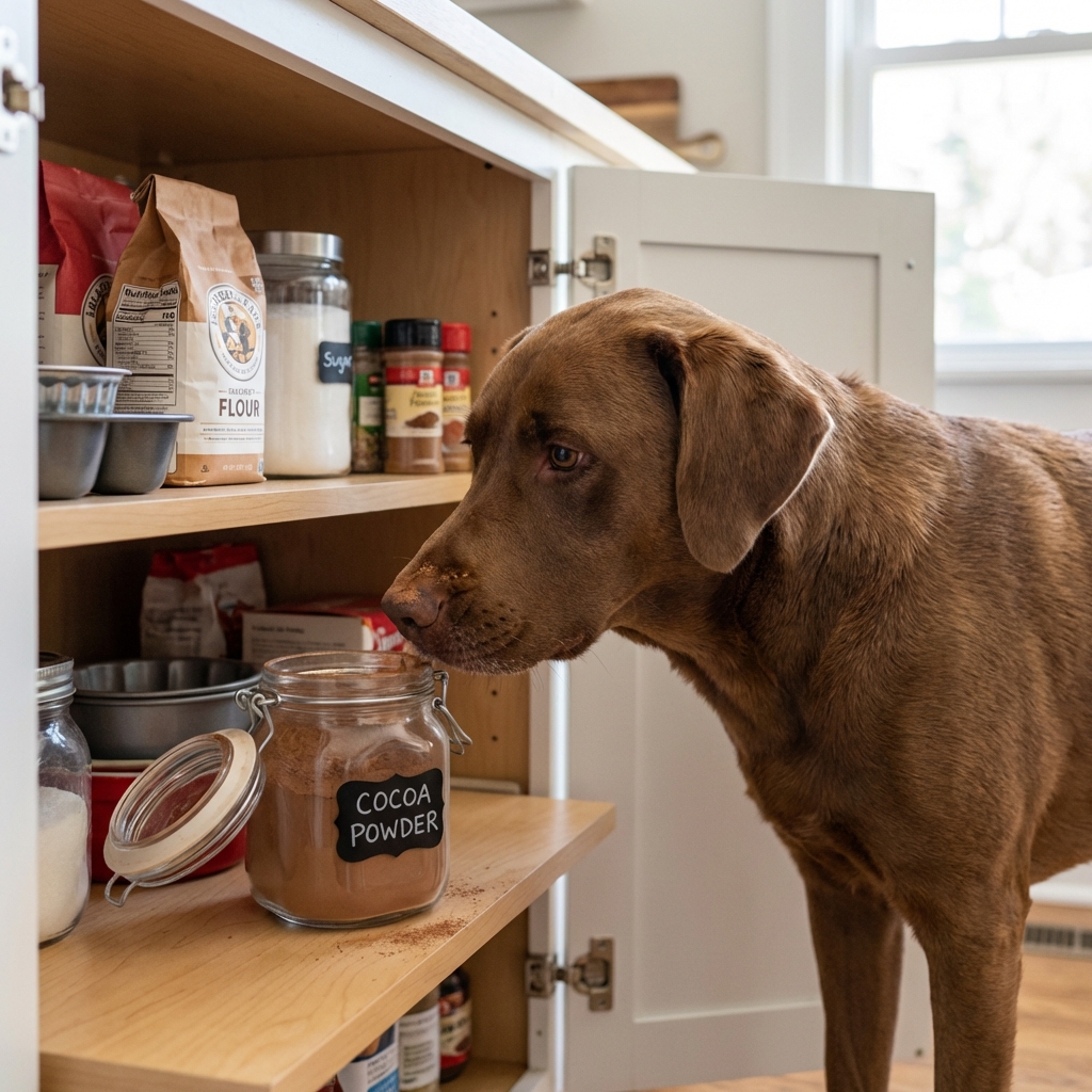 A brown dog sniffing an open baking pantry where a container of cocoa powder sits on a lower shelf