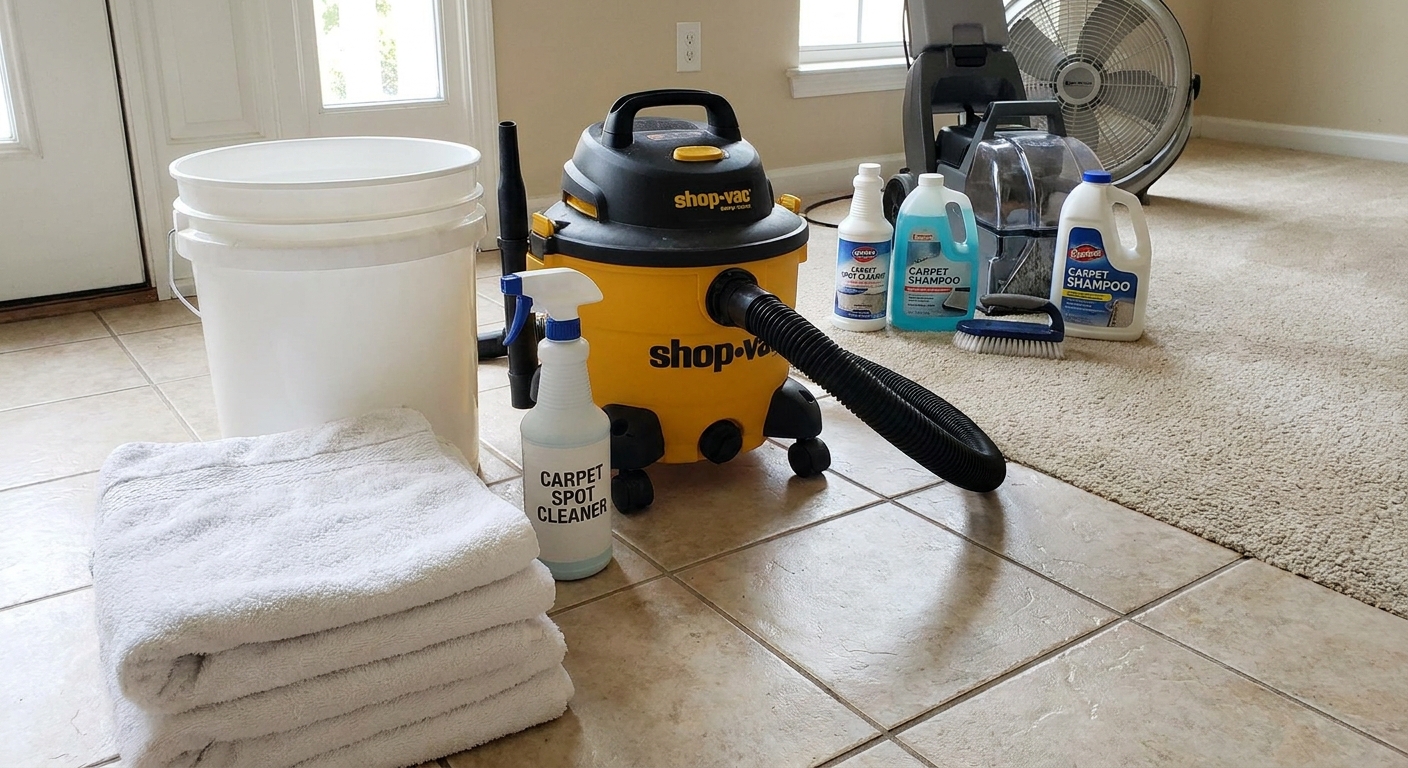 A bucket, white towels, a spray bottle, and a wet dry vacuum arranged on tile flooring next to carpet cleaning supplies