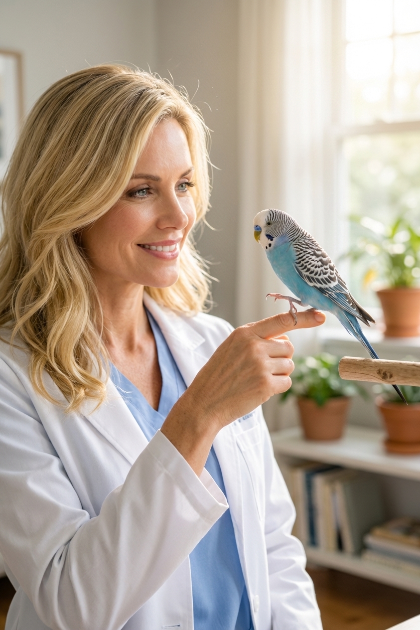 A budgerigar calmly stepping onto a person’s index finger inside a well-lit room, photorealistic